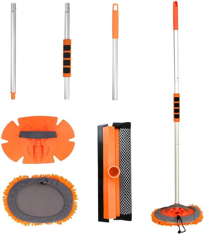 Buyplus Car Wash Brush with Long Handle - Multipurpose Car Cleaning Mop, Window Squeegee and Chenille Microfiber Mitt Set, 46in Adjustable Aluminum Long Handle, Vehicle Wash Brush Kit: Automotive