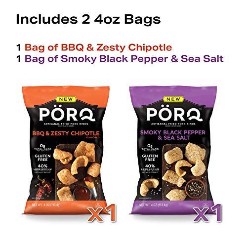 PORQ Artisan Fried Pork Rinds variety pack, BBQ & Zesty Chipotle, Smoky