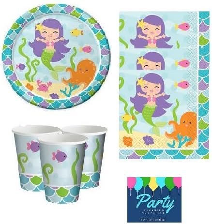 Mermaid Party Supplies Under the sea for 16 Guests Including: Matching Plates, Napkins and Cups