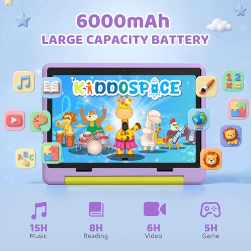 Gleeso Kids Tablet 10 inch Android 16, 24GB RAM+64GB ROM, Child Tablet 1280 * 800 IPS, 5MP+8MP Camera, 6000mAh, WiFi 6/BT 5.3, Parental Control, Toddler Tablet with Protective Case(Purple)