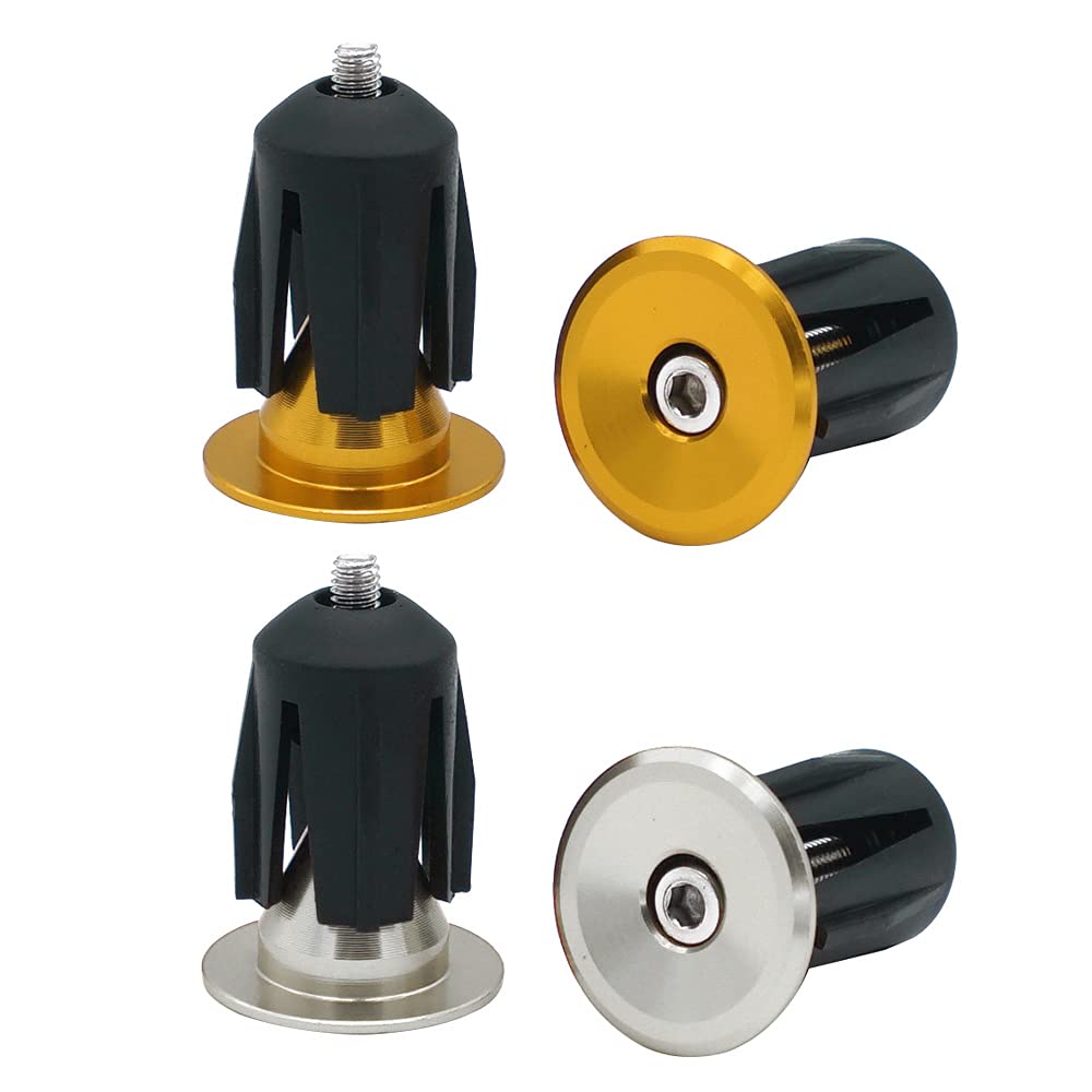 QitinDasen 2 Pairs Bike Handlebar End Plugs, Aluminum Bicycle Bar End Caps, for Road Bike, MTB, BMX (Golden + Silver)