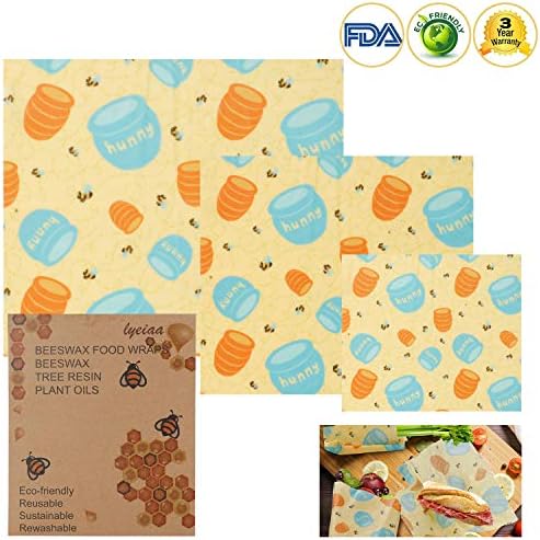 Set of 3 Pieces Reusable Food Storage Wraps Beeswax Wrap Eco-Friendly Snack Sandwich Wrap Natural Food Saver Bowl Cover Breathable Sustainable Washable Premium Vary Sizes