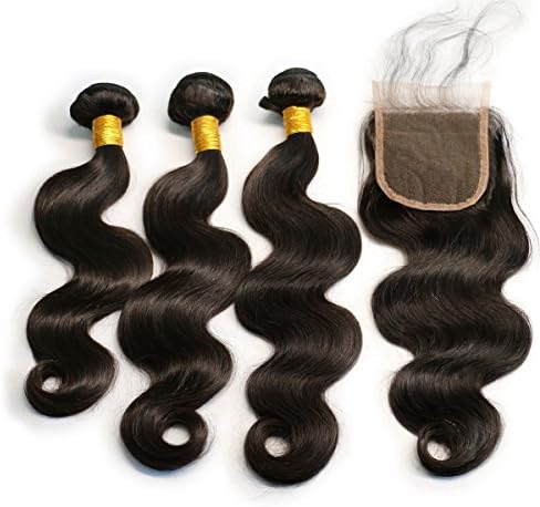 JK Top Quality Brazilian Virgin Huamn Hair 3 Bundles with Closure Unprocessed 100% Body Wave Remy Human Hair Bundles with 4X4 Free Part Lace Closure Bleached Knots(16 18 20 With 14 Closure)