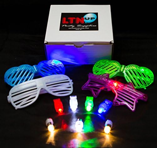 LED Party Pack by LTNUP Party, Multi Color Assorted box with 20 LED Balloon lights, 32 LED Finger lights (R/W/B/G) and 4 LED Shutter sunglasses, Light the Night Up with this awesome LED Party Pack!
