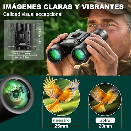 Binoculares Portátiles 500x25 (8X), Binoculares Plegables con Clip para Teléfono, Alcance 5000m, Película Verde y Prisma BAK4, Visión Nocturna, Impermeables, Camping, Conciertos, Excursiones