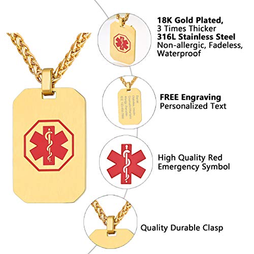 Supcare Personalized Medical Alert ID Tag Necklace Jewelry for Women/Men/Kids, Medical Emergency Identification Dog Tag Necklace Stainless Steel 18K Gold Plated
