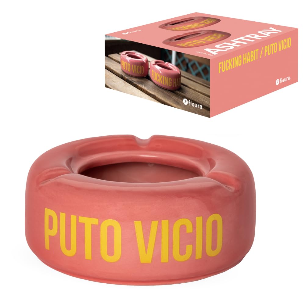 Fisura - Pink ashtray with message "P*to vicio". Funny ashtray for cigarettes indoor. Portable ashtray made of ceramic. Dimensions: 10 x10 x4centimeters