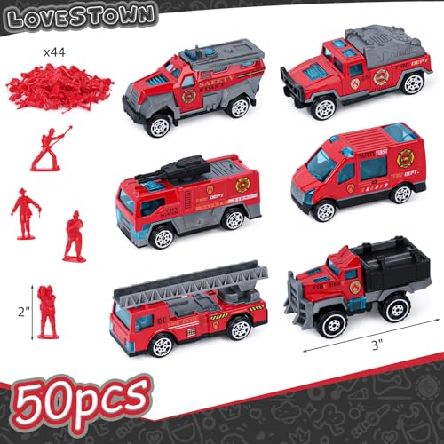 LovesTown 50PCS Fire Truck Toy Set, 6PCS Die-cast Small Rescue Emergency Vehicles Red Fire Trucks 44PCS Firemen Toy Figures for Kids Boys Birthday