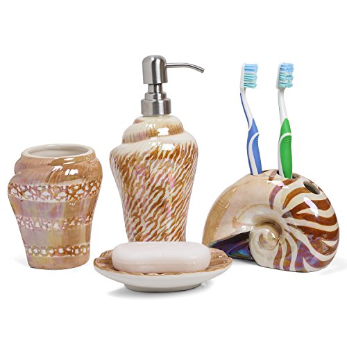 Minigift 4 Piece Sea Snail Ceramic Bathroom Accessory Set Soap Dish Soap Dispenser Tootbrush Holder Tumbler Cup Coffee