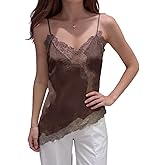 Fuimsul Women Sexy Spaghetti Strap Lace Trim Satin Tank Top Y2k Solid V Neck Backless Asymmetrical Hem Silk Cami Shirt