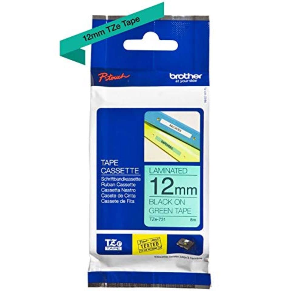 Brother TZe-731 Labelling Tape Cassette, 12 mm (W) x 8 m (L), Laminated, Brother Genuine Supplies - Black on Green