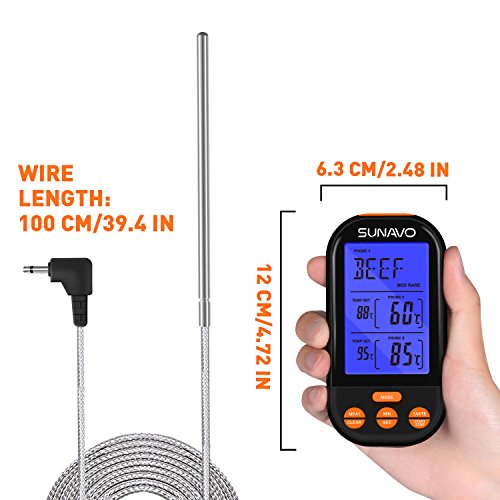 Sunavo Wireless Remote Cooking Meat Thermometer Digital with Large LCD and Timer Alarm for Grilling Oven Kitchen Smoker BBQ Grill with Dual Stainless Steel Temperature Probe