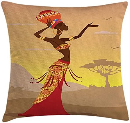 Easshorts Afro Decor Throw Pillow Cushion Cover, African Woman in Desert Gulls Flying Around Folk Female Stylish Artful Print, Decorative Square Accent Pillow Case, 18 X 18 Inches, Amber Tan