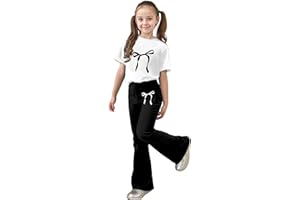 Girls 2 Piece Outfits Crew Neck Bow Tops and Bell Bottom Pants Set Kids T-Shirt Y2K Fall Outfits Sets 7-13 Years