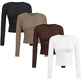 SOLY HUX Women's 4 Piece T Shirt Crewneck Long Sleeve Ruched Tee Slim Fitted Casual Basic Fall Tops Multicolor Large
