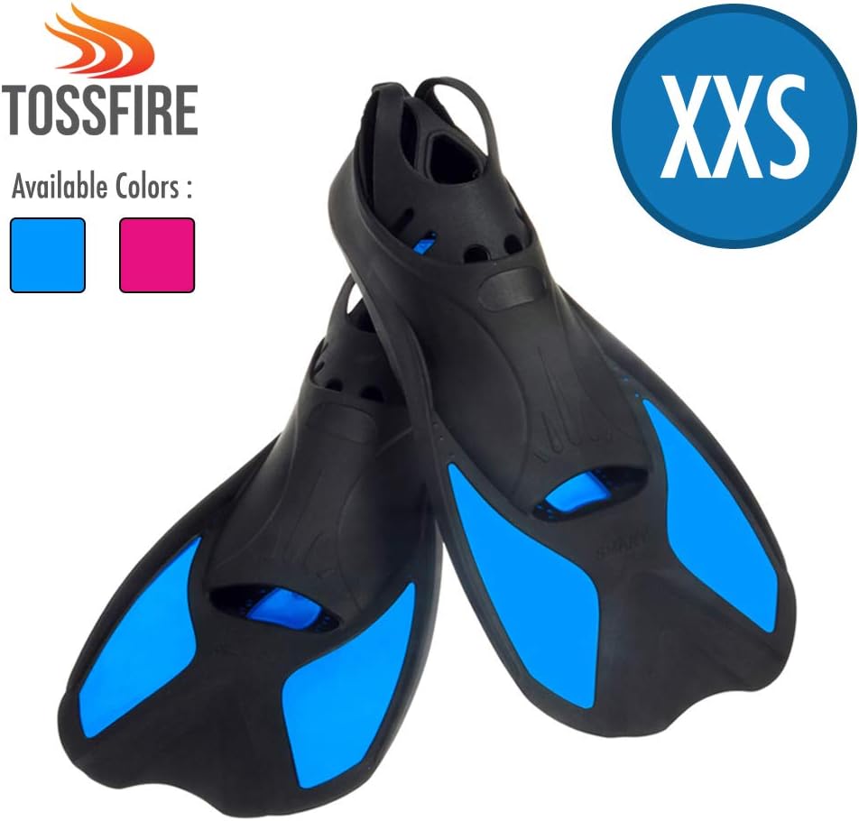 Swimming Fins Short Dive Fin Training for Youth Big Kids Woman Boy Girl 8-12 Years Old size XXS, Thermoplastic Rubber Pool Snorkel Set Flipper for Diving Snorkeling Scuba Watersport, Blue