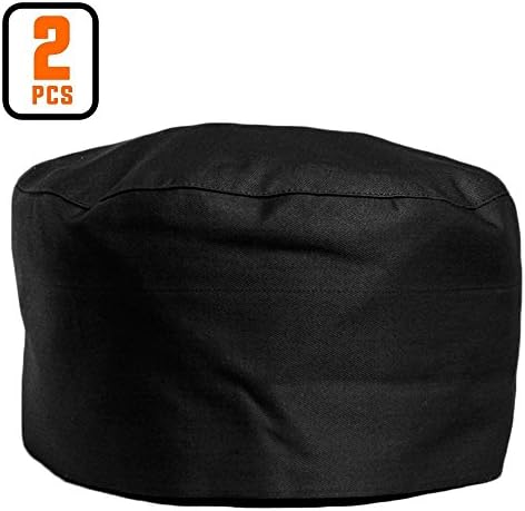 My Chef Hat | 2pcs Pro 7 Inch Black Soft Satin Skull Cap with Expandable Elastic Back | Vent Beanie for Chef, Cooks, Baker &amp; Catering School Colleges | 1308.1