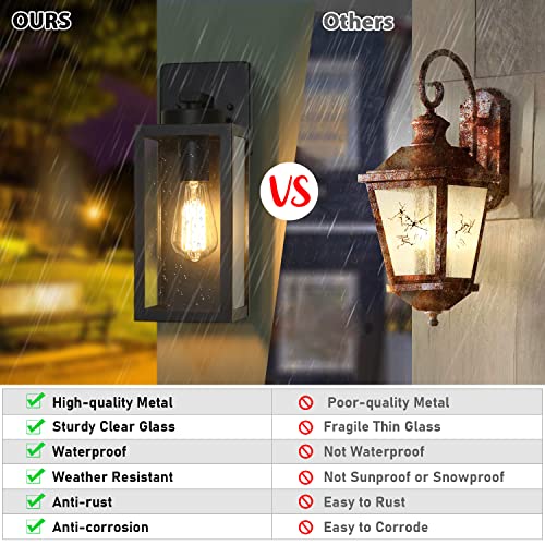 Outdoor Wall Light Fixtures, Exterior Waterproof Wall Lanterns, Porch Sconces Lighting with E26 Sockets & Glass Shades, Modern Matte Black Outside Lights for Patio Front Door Entryway Garage, 2-Pack