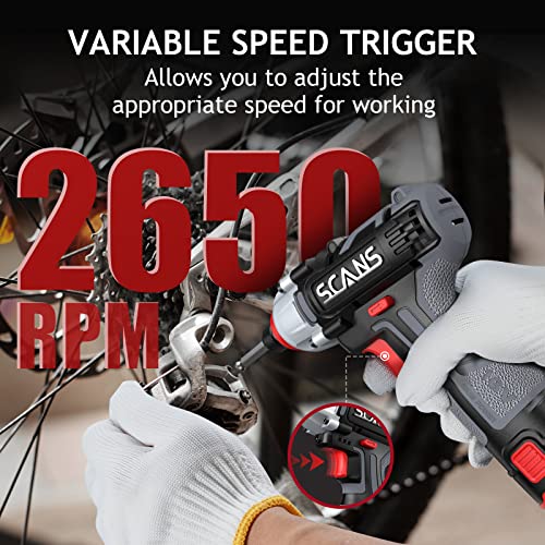 Cordless Impact Driver, 16V Brushless Impact Drill with 1/4” Hex Chuck, 2650RPM Variable Speed, LED Light, SCANS Impact Drill Set with 2.0Ah Battery/Charge, 37 Pcs Accessories, Tool Box, SC2161-1