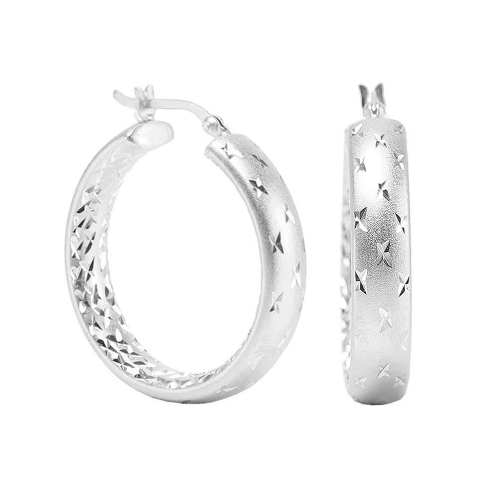 LeCalla Sterling Silver Jewelry Diamond-Cut Hoop Earring for Women 30MM