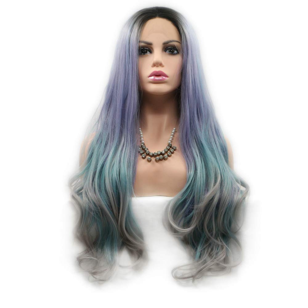 RainaHair Mermaid Makeup Wear Body Wave Hair Purple/Peacock Green/Pale Grey Wig Synthetic Lace Front Wigs Cosplay Holidays Colorful Wig Daily Wear Wig For Women 24"