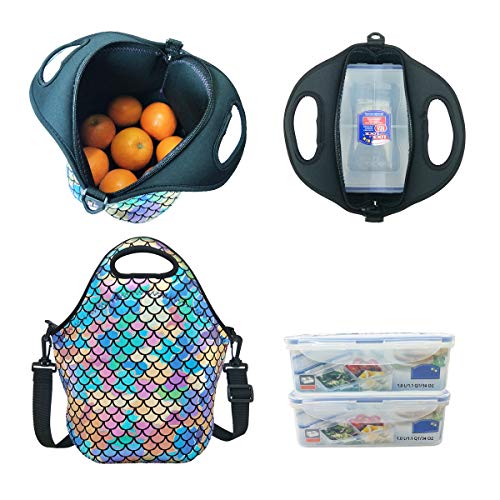 Insulated Lunch Bag, Neoprene Shoulder Lunch Tote Boxes Bags for Women Men Kids Work Office Outdoor Picnic Travel, Mermaid Scale (Colorful) - Thumbnail 3