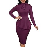 Women's Peplum Pencil Dresses Midi Bodycon Long Sleeve Crew Neck Modest Business Church Work Dress Elegant