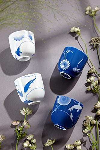 ZENS lifestyle Cups for Tea Coffee Set of 4 Bone China 10 Inch Dinnerware Set 8 OZ 230ML 2 White and 2 Blue Flower and Fish Gradient Pattern