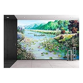 White and Red Lotus in The River of Oil Painting - Removable Wall Mural | Self-Adhesive Large Wallpaper - 66x96 inches