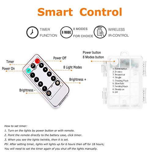 Guirnalda Luces Pilas, 12M 120LED USB Luces de Navidad Exterior Impermeable, 8 Modos Cadena de Luz con Control Remoto y Temporizador, para Exterior y Interior, Navidad, Jardín, Blanco Cálido