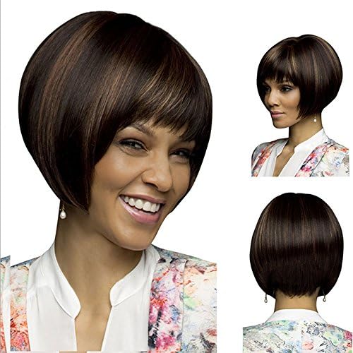 Ladybeauty Short Straight Two Tone Highlight Mixed Blonde Wigs with Neat Bangs Hairnet Included (Brown Mixed Blonde)