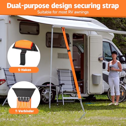 Storm Strap for Awning & Awning - 5 cm Wide Webbing, 38 cm Ground Anchor, Storm Protection Awning, Storm Bands for Awnings, Guy Straps Awning Motorhome, Guy Ropes Camping with S-Hooks and T-Connectors