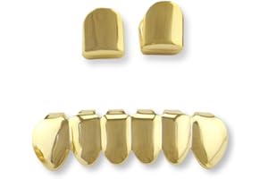Careland Gold Grillz Hip Hop Gold Plated 2pcs Single Top and 6pcs Bottom Teeth Grillz for Men + 2 Extra Molding Bars