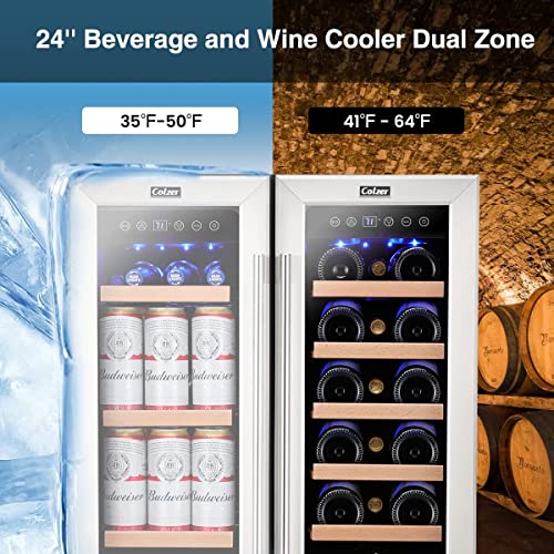 COLZER Wine and Beverage Refrigerator 24 inch, Dual Zone Wine Cooler Under Counter Lockable 18