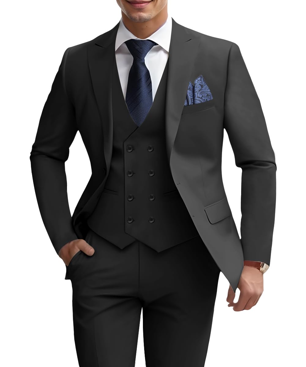Photo 1 of Men's Suits 3 Piece Slim Fit Double Breasted Tuxedo Suit for Men Formal Blazer Suit for Wedding Black Suits Prom Party XS