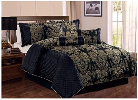 D & N Luxury Jacquard 7Pcs Bedspread Comforter Bedding Bed Sets Bedspread Pillow Cases Valance Sheet Filled Cushion Filled Decorative Pillow Filled Neck Roll Bedroom Decoration (Black, King)