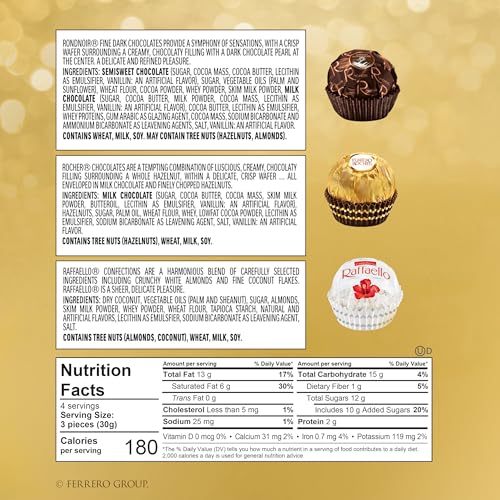 FERRERO ROCHER, 12 COUNT, PREMIUM GOURMET ASSORTED HAZELNUT MILK CHOCOLATE, DARK CHOCOLATE AND COCONUT CHOCOLATES, CHOCOLATE GIFT BOX, 4.6 OZ
