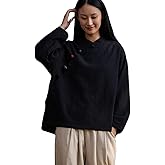 CORETIC Women's Linen Cotton Retro Chinese Frog Button Top Blouse Casual Loose Fit Long Sleeve Shirt