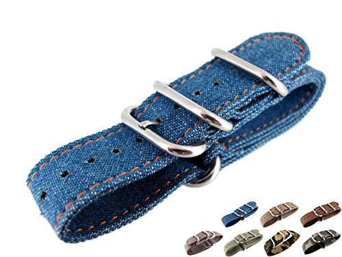 22mm Watch Strap Zulu NATO Band Watchband Premium Canvas Sports Military Army 3 Solid Polishing Round Ring Buckle Wrist Length 150 to 220mm 1.8mm Thickness Fashion JRRS7777 (Denim Blue)