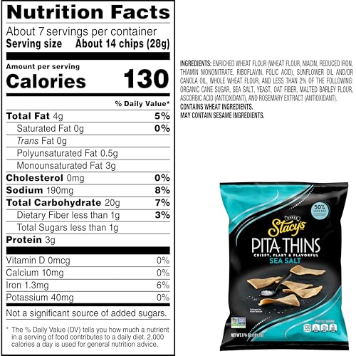 STACY’S PITA THINS, SEA SALT, NO ARTIFICIAL COLORS OR FLAVORS, 6.75OZ BAG