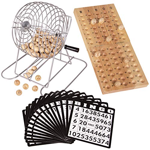 Deluxe 9" Metal Bingo Set; Silver Bingo Game with Wooden Bingo Balls and Bingo Board; 200 Color Bingo Markers