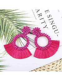 Gushion - Pendientes de borla para mujer y niña, hechos a mano, diseño bohemio con cuentas redondas, con flecos de hilo