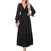 Women Fall Dress Long Sleeve - Chiffon Casual Maxi Long Flowy Boho V Neck Dresses