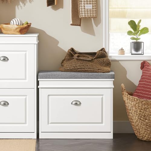 SoBuy Narrow Shoe Cabinet Bench with Flip Drawer Storage - Modern Entryway Shoe Bench with Storage, Space Saving Wooden Shoe Rack Cabinet with Padded Cushion Seat - Ideal for Hallway, Entryway