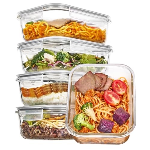 Vtopmart 5er-Pack Meal Prep Boxen Glas, 1035 ML Mealprepboxen für die Essensvorbereitung, Luftdicht und Wiederverwendbar, Geeignet für Backofen, Mikro