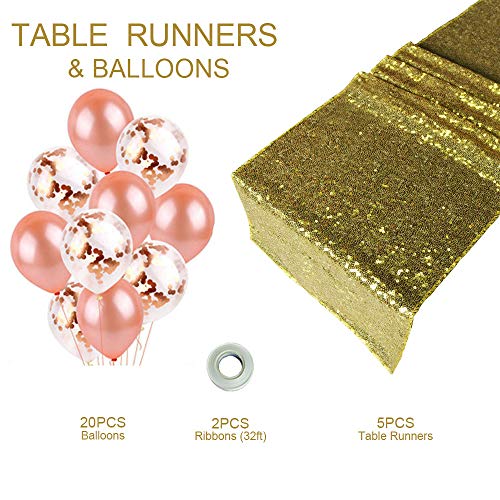 BLUETOP Party Decoration Set, Include 5 Pieces 70"x12" Sequin Table Runners, 20 Pieces Balloons as Gifts for Party Supplies Wedding Birthday Ceremony Bridal Shower Prom Decoration