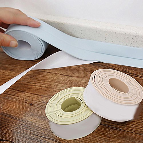 FTXJ Self Adhesive Waterproof Tape Sink Tub Wall Caulk Strip Kitchen Bathroom Toilet Sealant Trim (White&Blue)