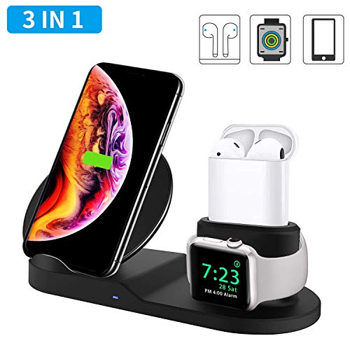 Wireless Charger, Upgrade 3 in 1 Wireless Charger Stand for All QI Phones and Airpods - ACETEND 10W Qi Fast Wireless Charging Station Compatible for Apple Watch Series and AirPods (Black)