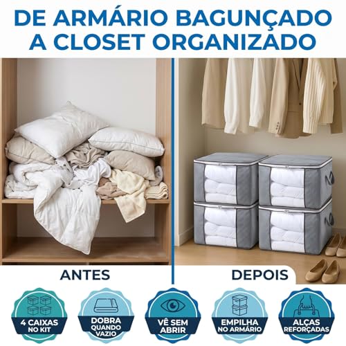 Kit 4 Sacos Bolsas Organizadoras Dobráveis Tecido Cinza com Zíper Total e Janela Frontal – Guarda Cobertores, Edredons e Roupas de Cama sem Amassar no Armário