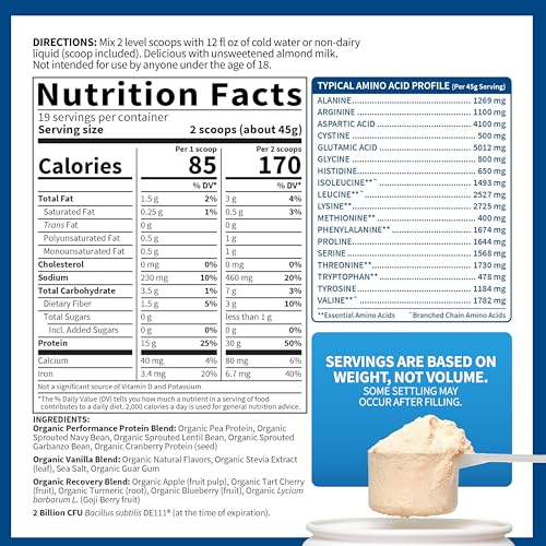 Garden of Life Organic Vegan Protein Powder with Probiotics, BCAAs, NSF Certified, Gluten Free & Sport, Non GMO, Sport Protein Powder, 19 Servings, Vanilla